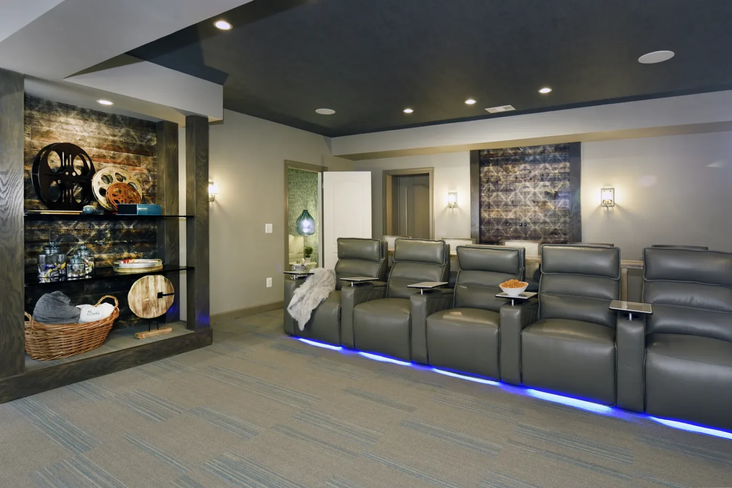 a room with a couch and shelves