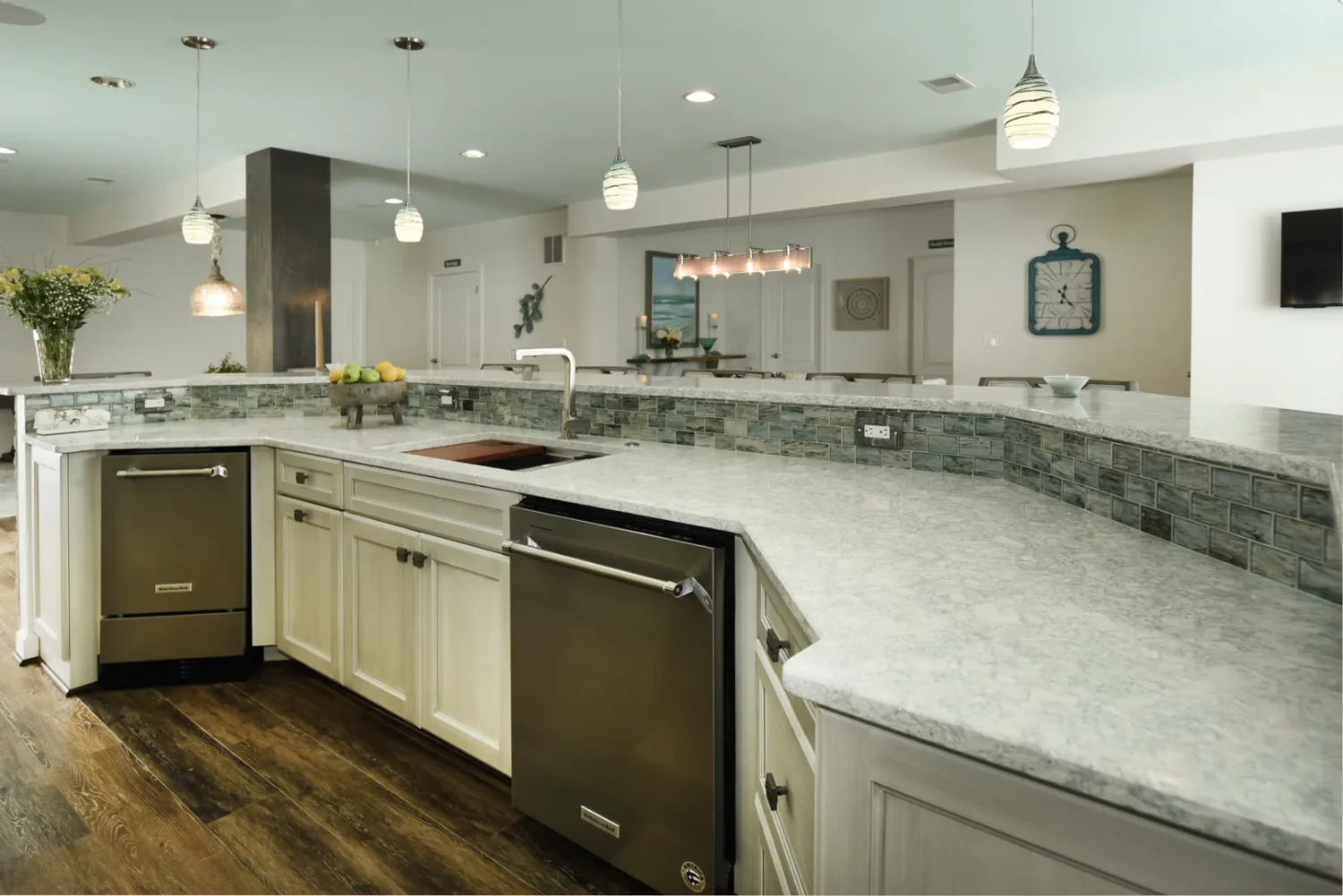 a kitchen with a large island