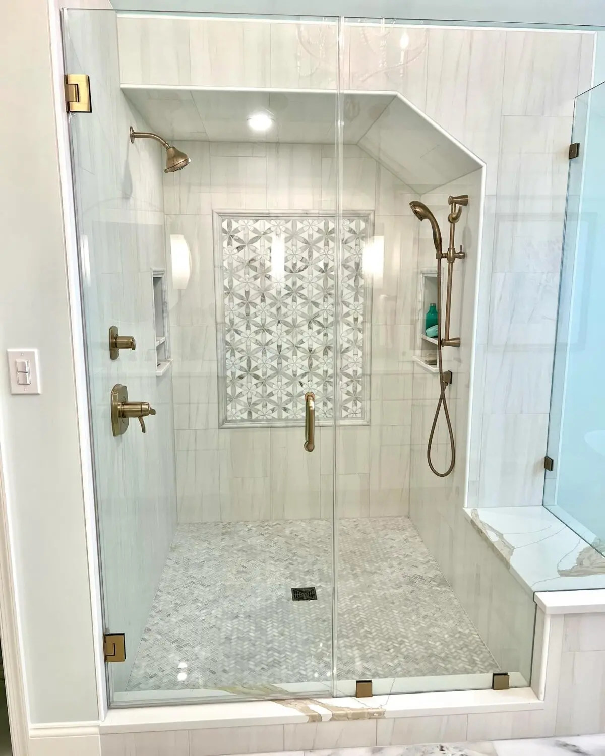 a shower with a glass door