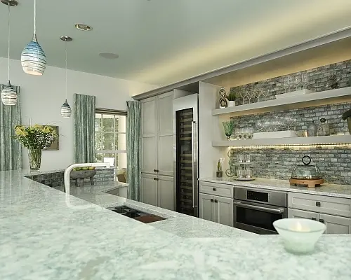 a kitchen with a marble countertop