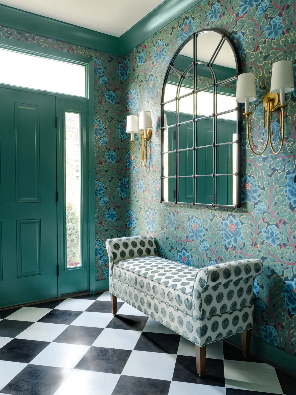 a room with a mirror and a bench