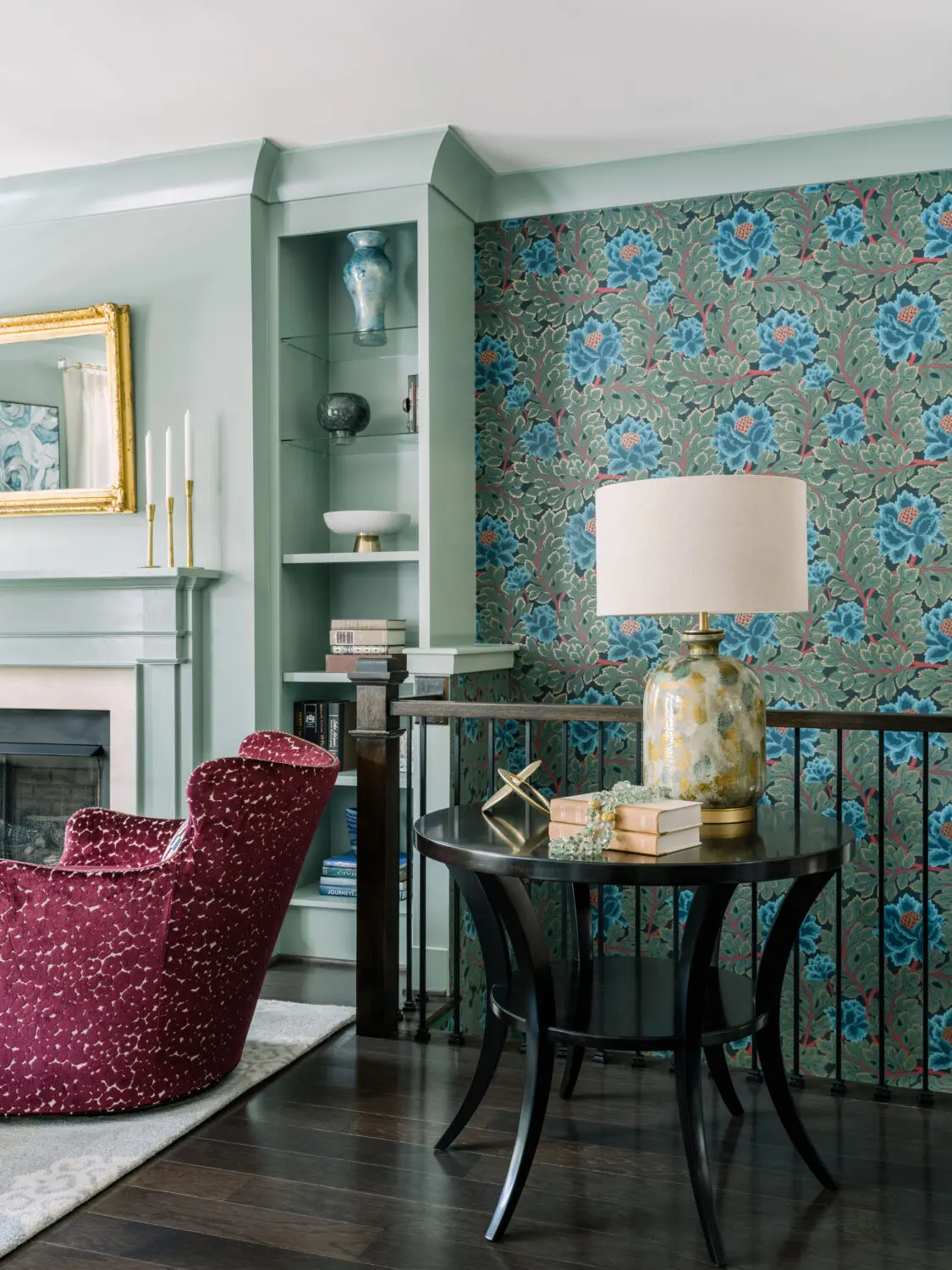 a room with a table and a lamp