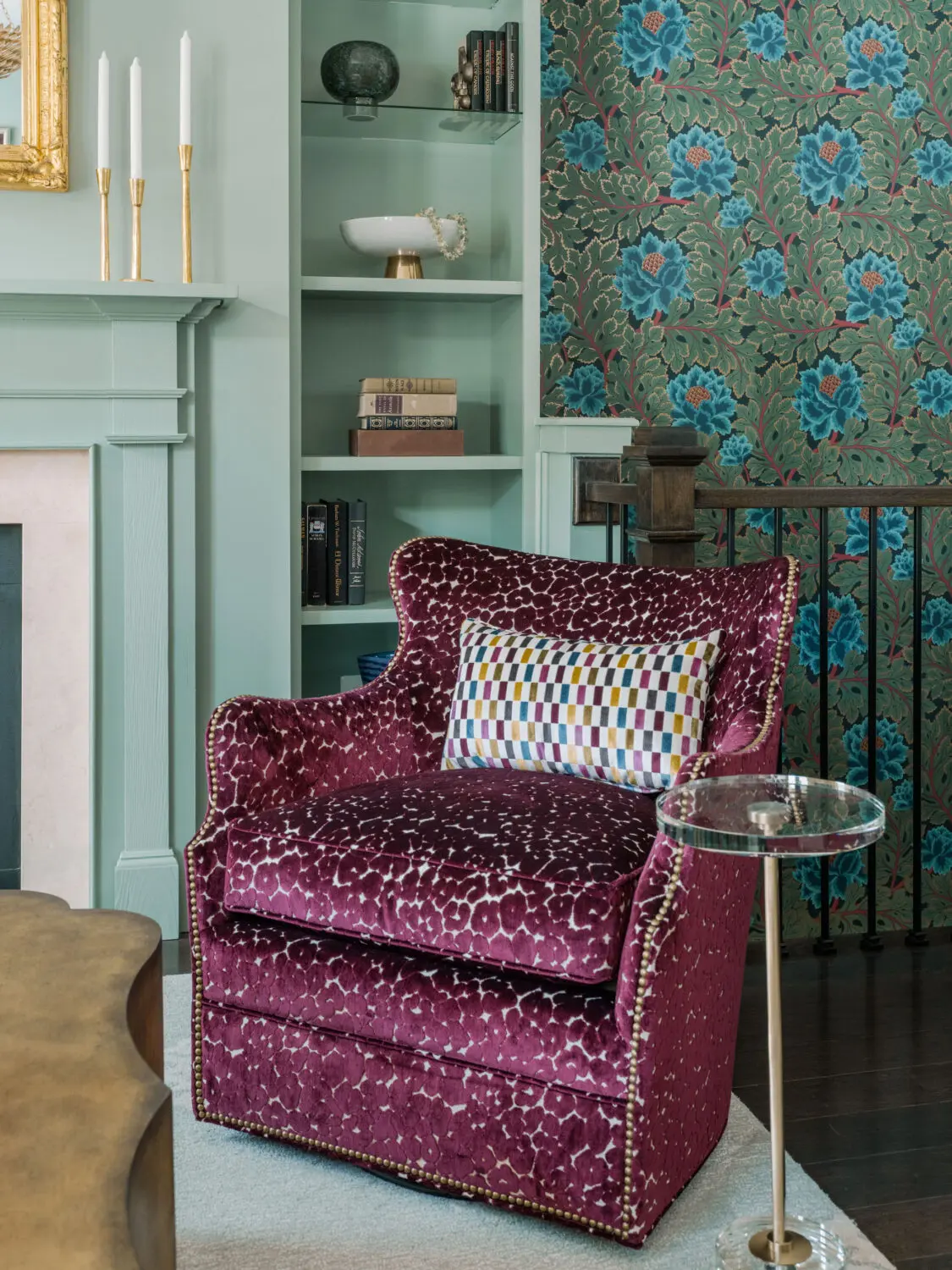 a purple chair in a room