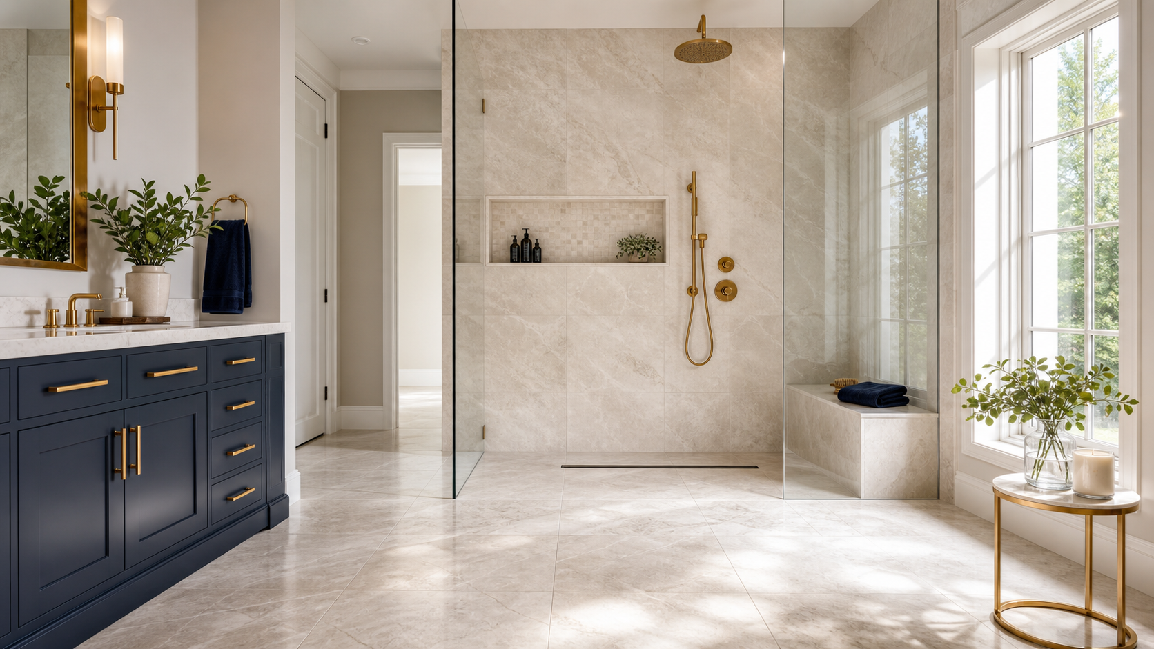 Is A Curbless Walk-In Shower Worth It? (Pros, Cons, And Regrets) 1 | Award Winning Interior Designers Washington Dc &Amp; Northern Virginia Areas curbless walk in shower in a luxury Northern Virginia bathroom