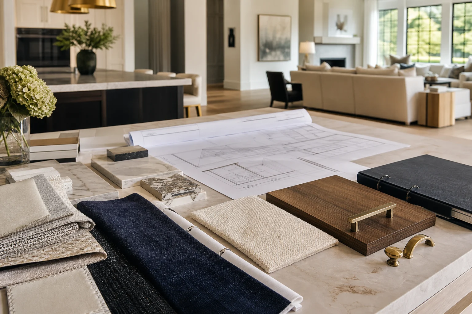 How Much Does Full-Service Interior Design Cost In Northern Virginia? 9 | Award Winning Interior Designers Washington Dc &Amp; Northern Virginia Areas Interior design plans, finish samples, textiles, stone, and hardware arranged in a Northern Virginia home