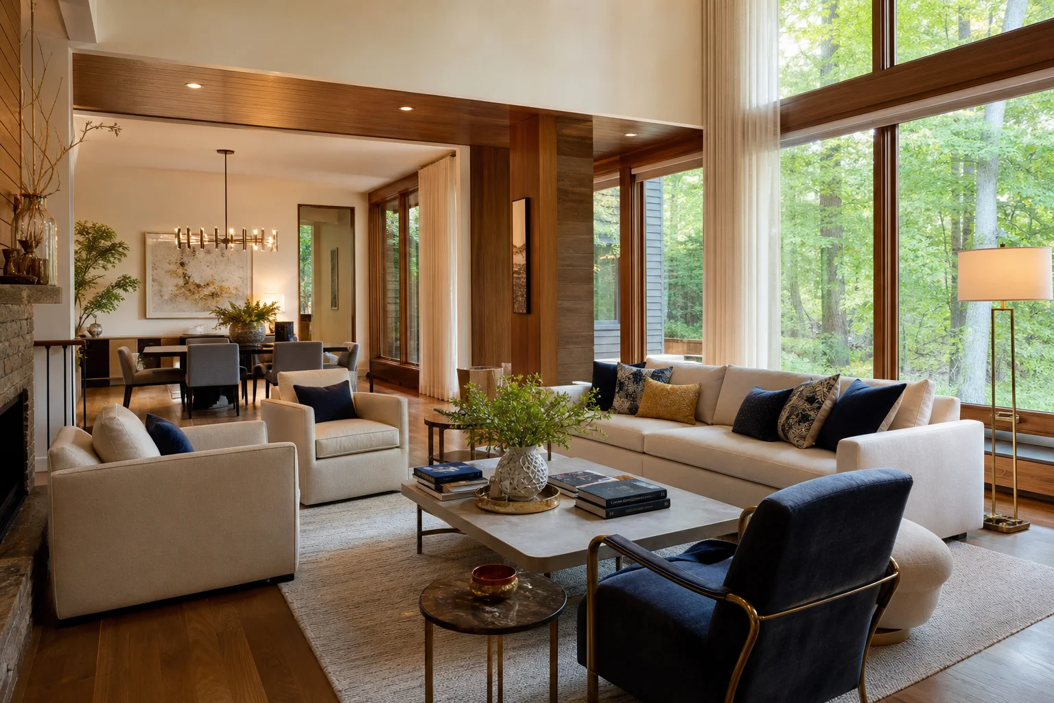 Cohesive Reston full-service interior design with connected living and dining rooms, warm wood, cream upholstery, and navy accents