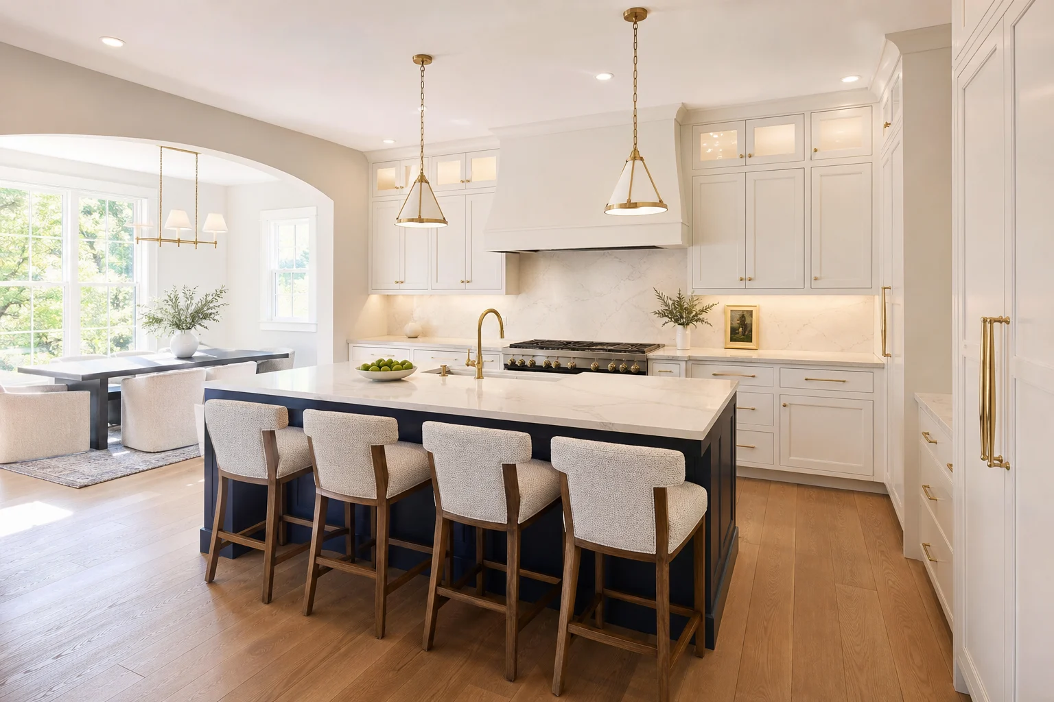 Chantilly kitchen design with white perimeter cabinetry, navy island, stone counters, and brass lighting