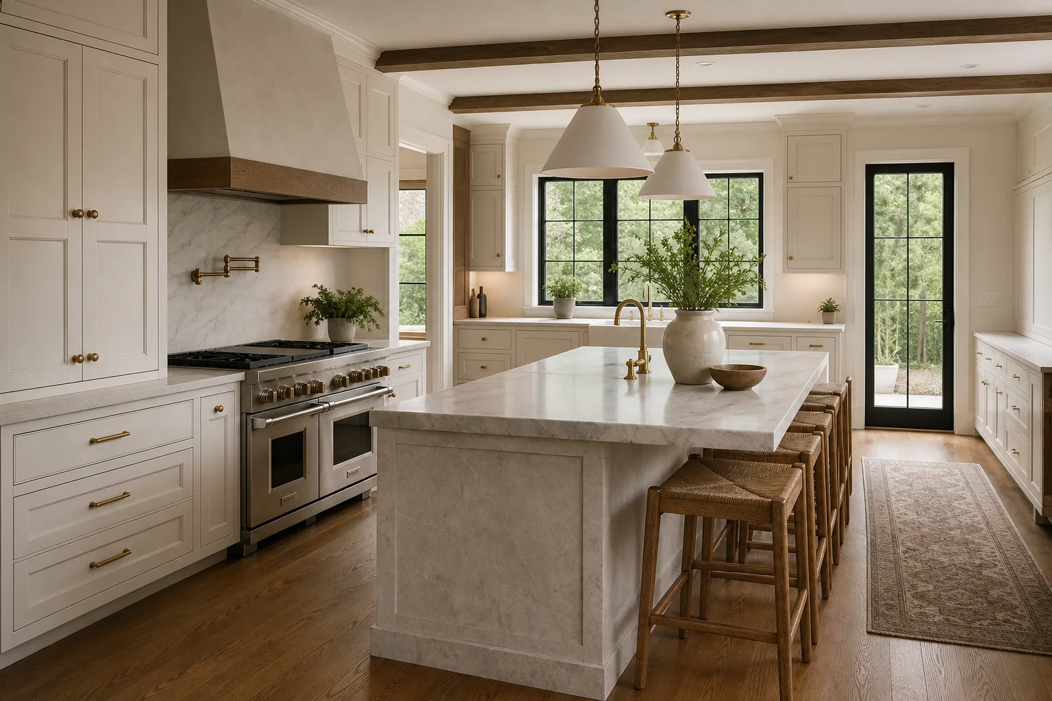 Refined McLean kitchen renovation with warm-white cabinetry, natural stone island, oak accents, and brass lighting