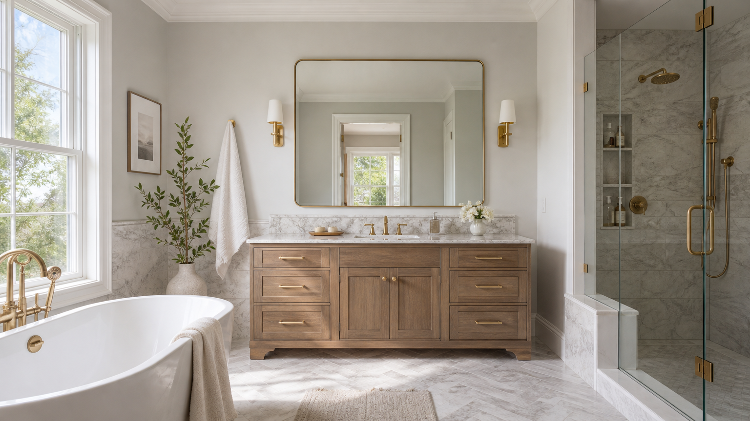 A renovated master bathroom in an Arlington VA home with a curbless shower, warm stone tile, and custom vanity