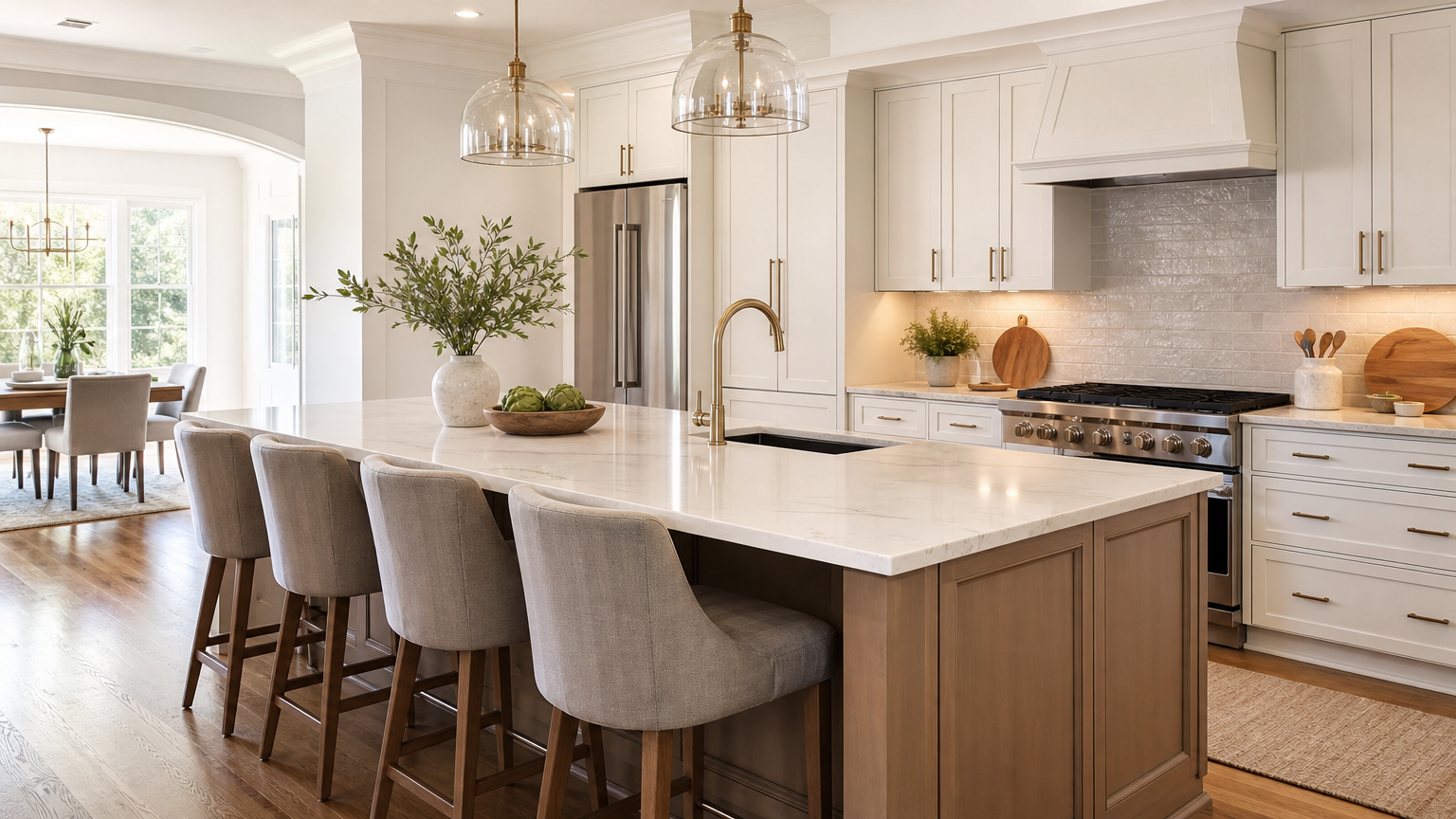 A beautifully renovated kitchen in a Fairfax VA home with inset cabinetry, marble countertops, and pendant lighting over an island
