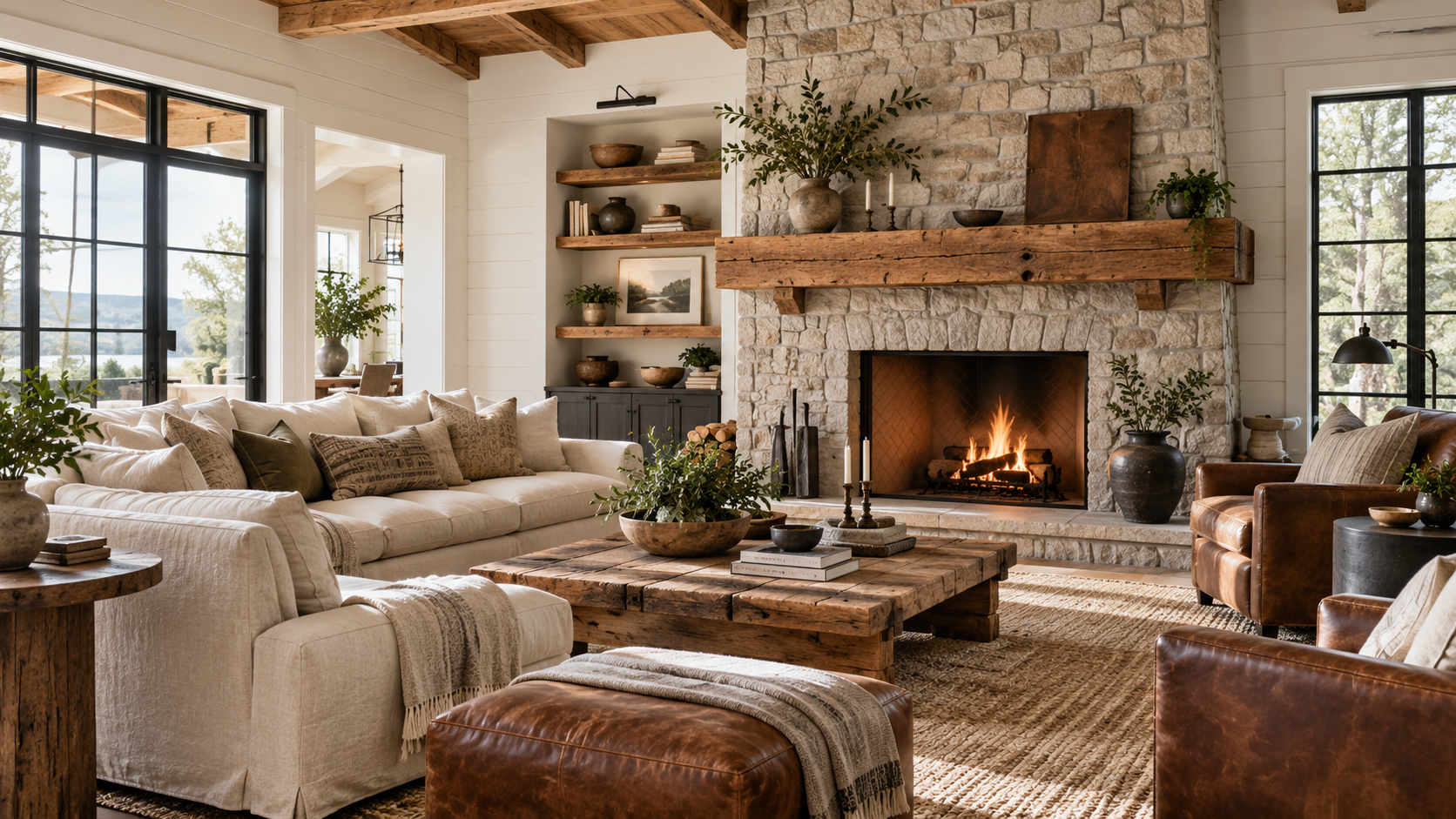 Modern farmhouse living room with warm natural materials