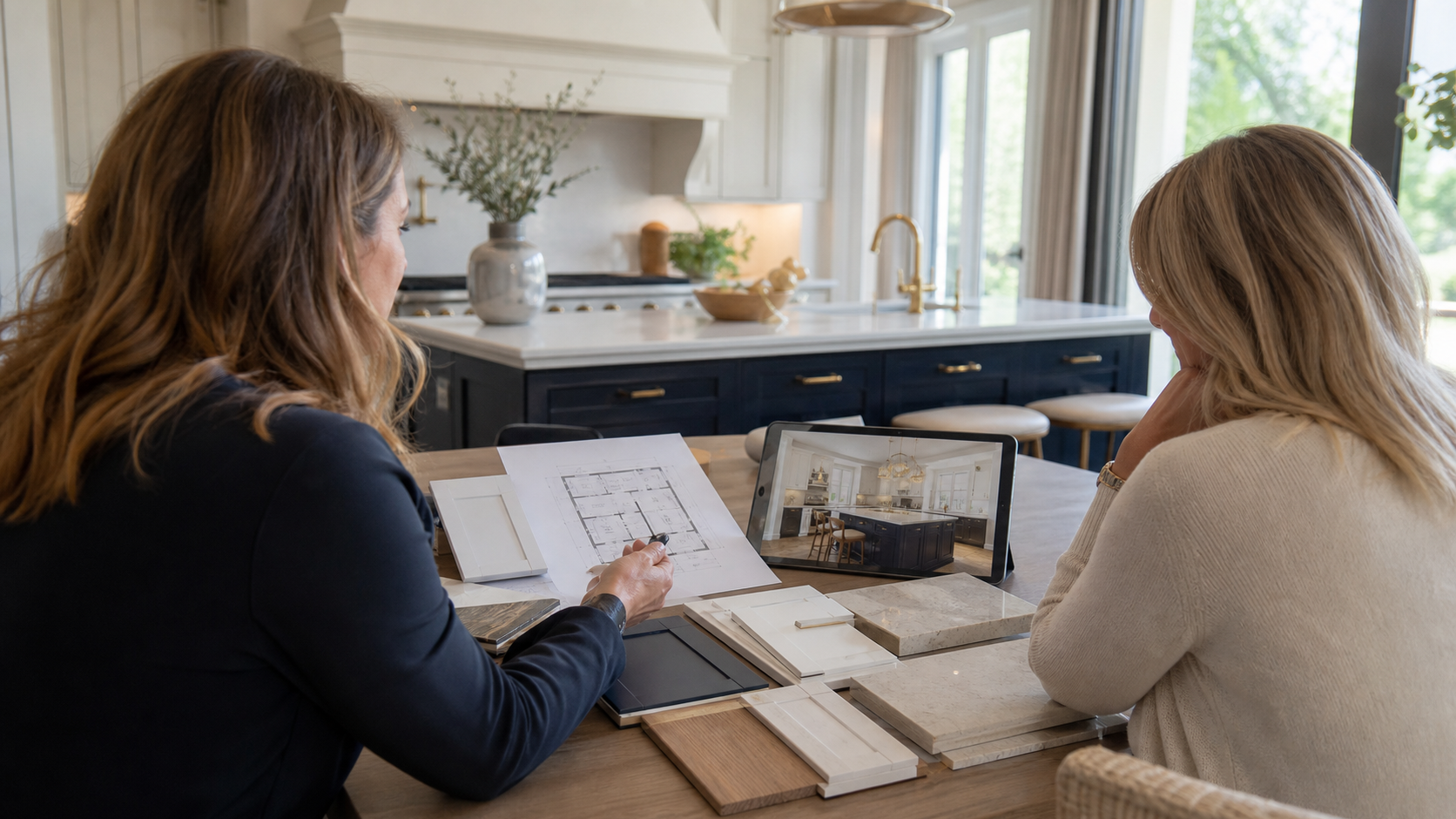 What To Expect From A Kitchen Remodel Design Consultation With An Interior Designer 1 | Award Winning Interior Designers Washington Dc &Amp; Northern Virginia Areas Kitchen remodel consultation with designer reviewing cabinet layout and material samples, Northern Virginia