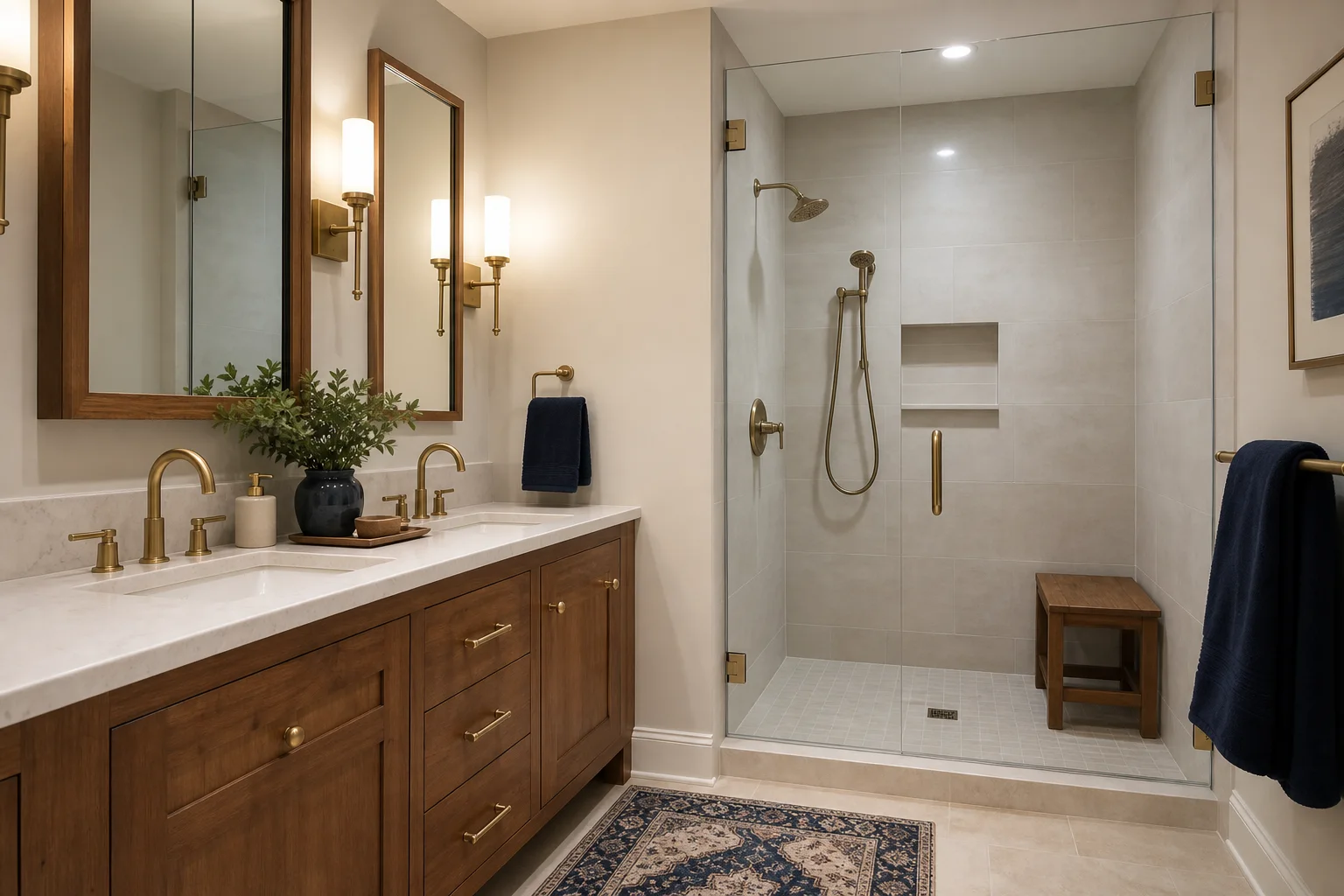 Bathroom Renovation In Vienna, Va: Design The Details Before Demolition 1 | Award Winning Interior Designers Washington Dc &Amp; Northern Virginia Areas Vienna bathroom renovation with walk-in shower, warm wood vanity, stone counter, brass fixtures, and navy accents