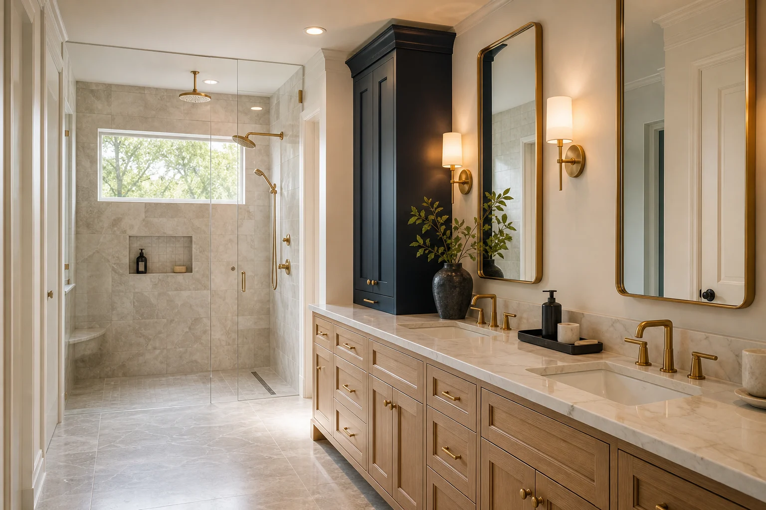 Bathroom Renovation In Leesburg, Va: A Planning Guide 1 | Award Winning Interior Designers Washington Dc &Amp; Northern Virginia Areas Curbless shower, warm wood vanity, navy cabinetry, and brass fixtures in a Leesburg bathroom renovation