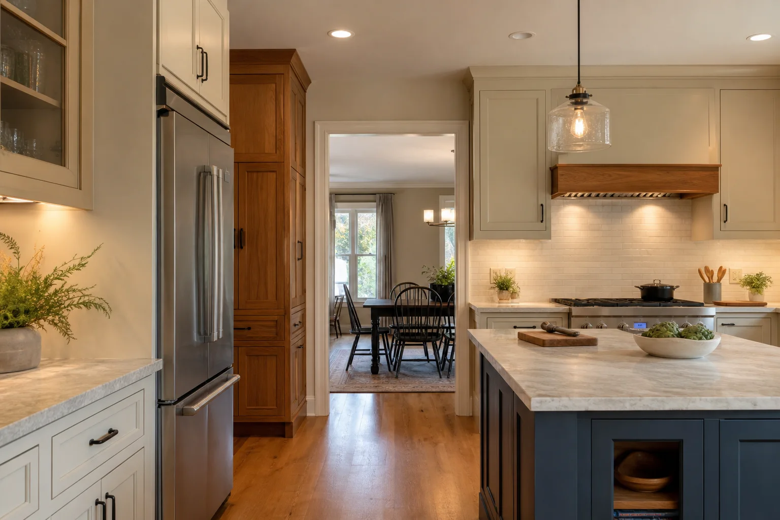 Kitchen Design In Herndon, Va: Improve Function Without Erasing Character 1 | Award Winning Interior Designers Washington Dc &Amp; Northern Virginia Areas Herndon kitchen design with warm cabinetry, navy island, stone counters, task lighting, and connection to a dining room